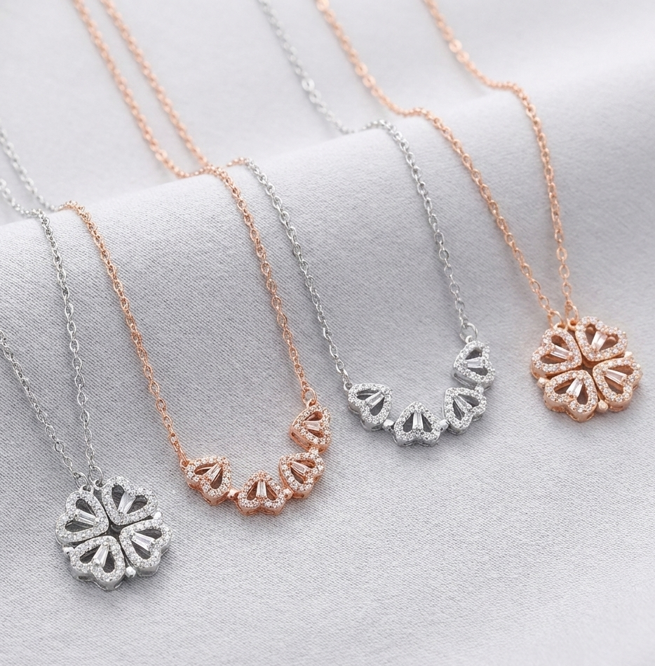 Clover Heart Necklace – Four Leaf Flower Design Elegant Jewelry for Women
