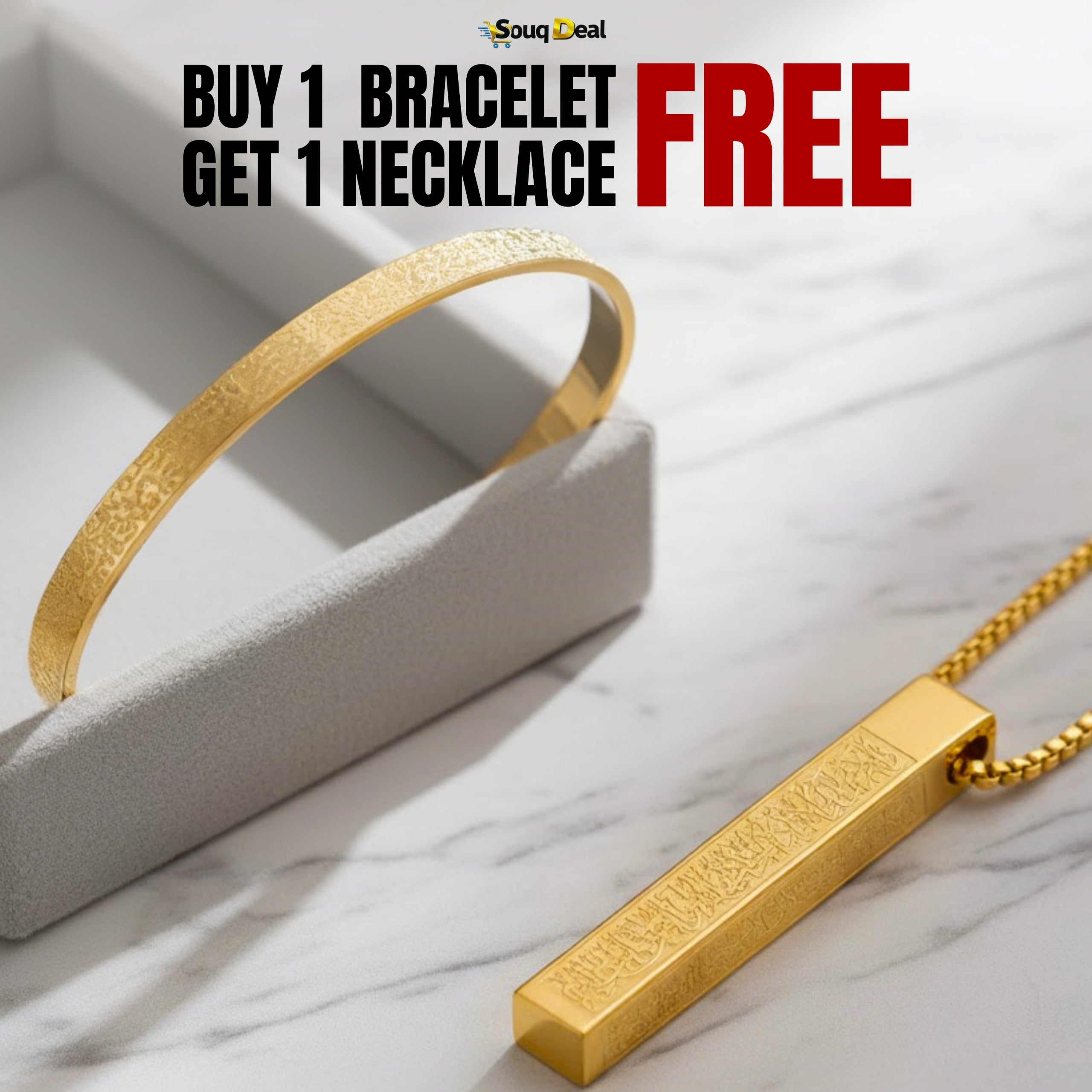 Buy 1 Ayatul Kursi Bracelet Get 1 Necklace Free – 18K Gold Plated, Silver & Black Islamic Jewelry